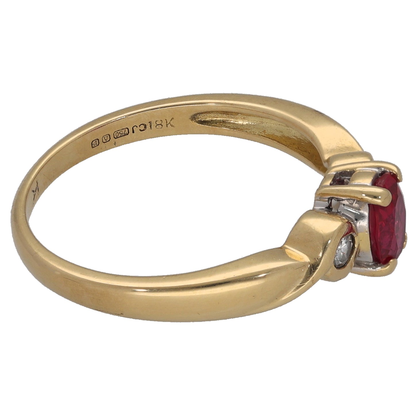 18ct Gold 0.08ct Diamond & Man Made Ruby Trilogy Ring Size N