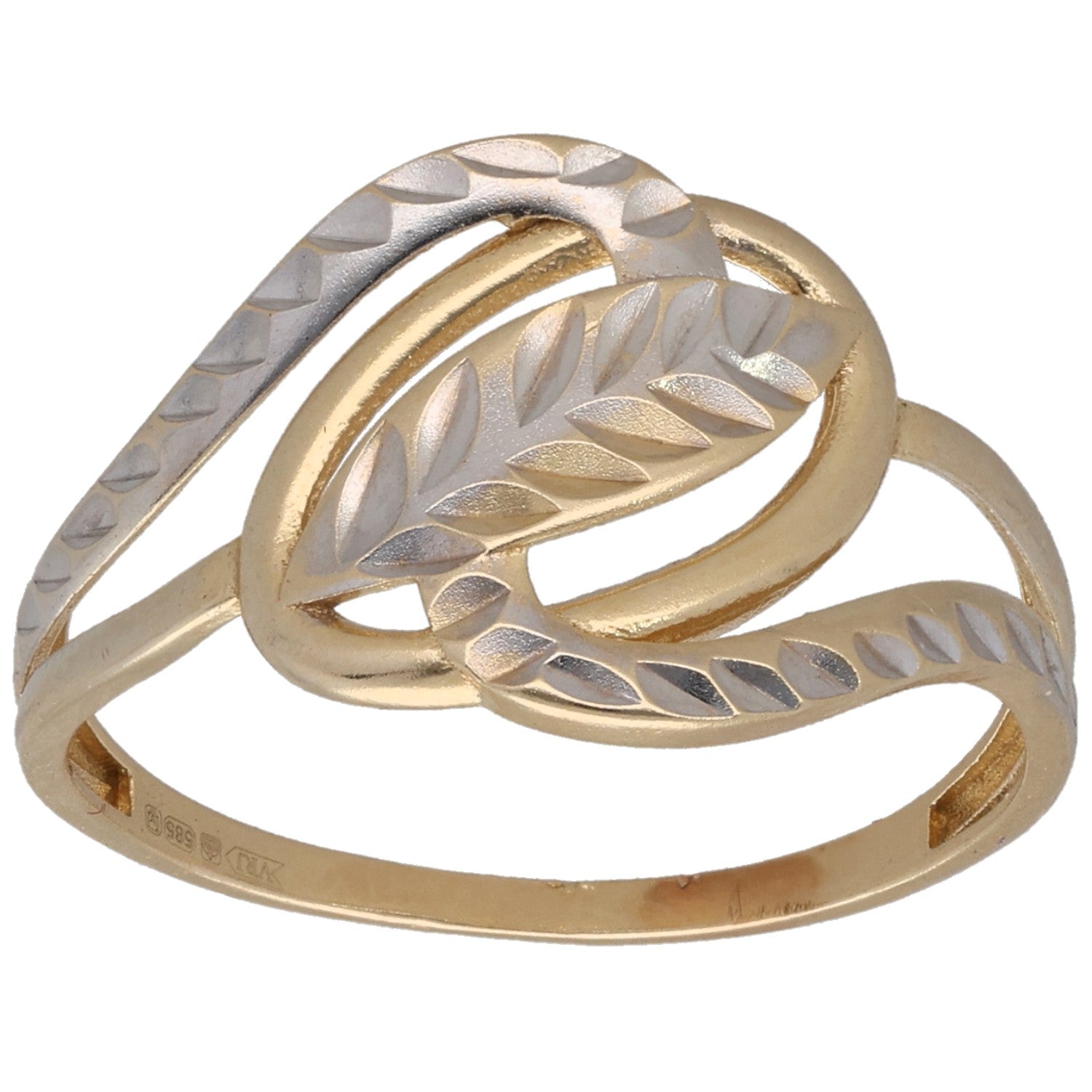 Two-tone gold and silver ring with leaf-like engraved oval design