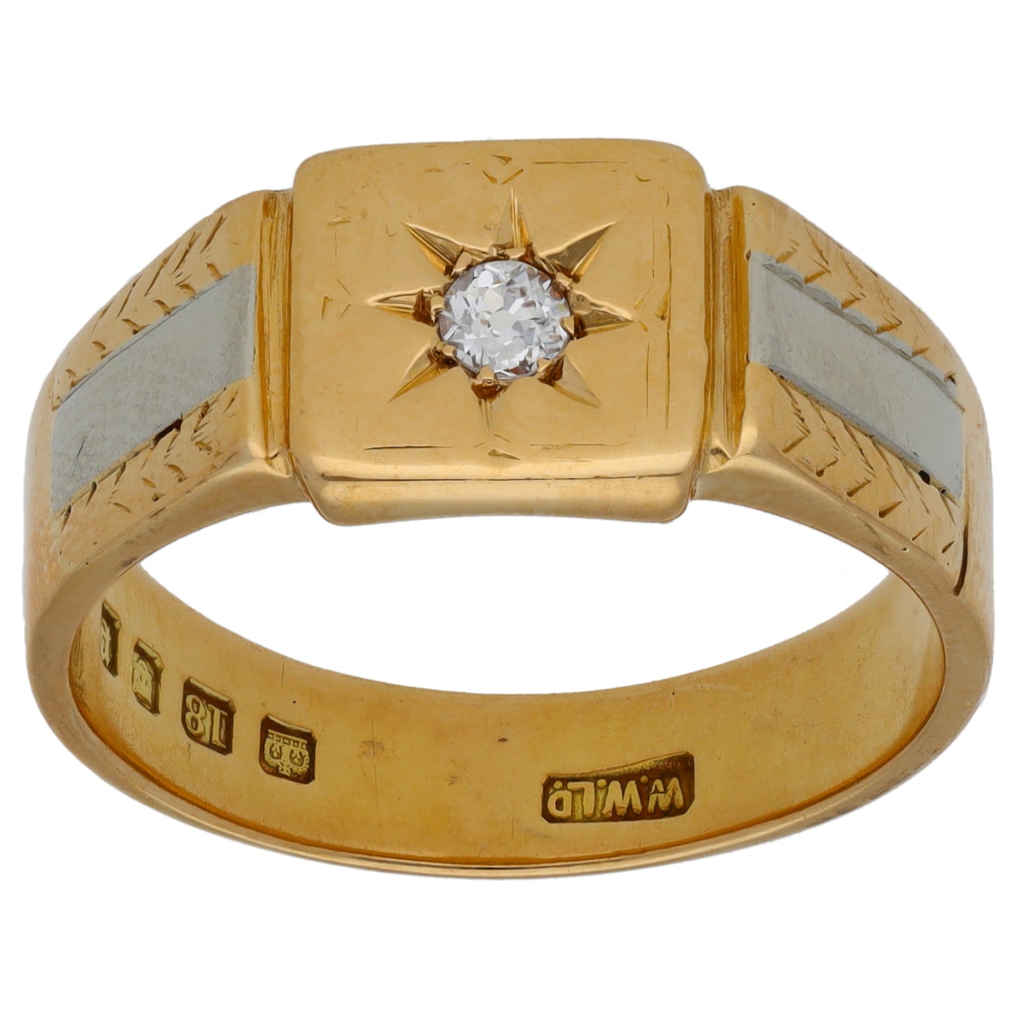 18ct Bi-Colour Gold 0.10ct Diamond Single Stone Patterned Signet Ring Size U