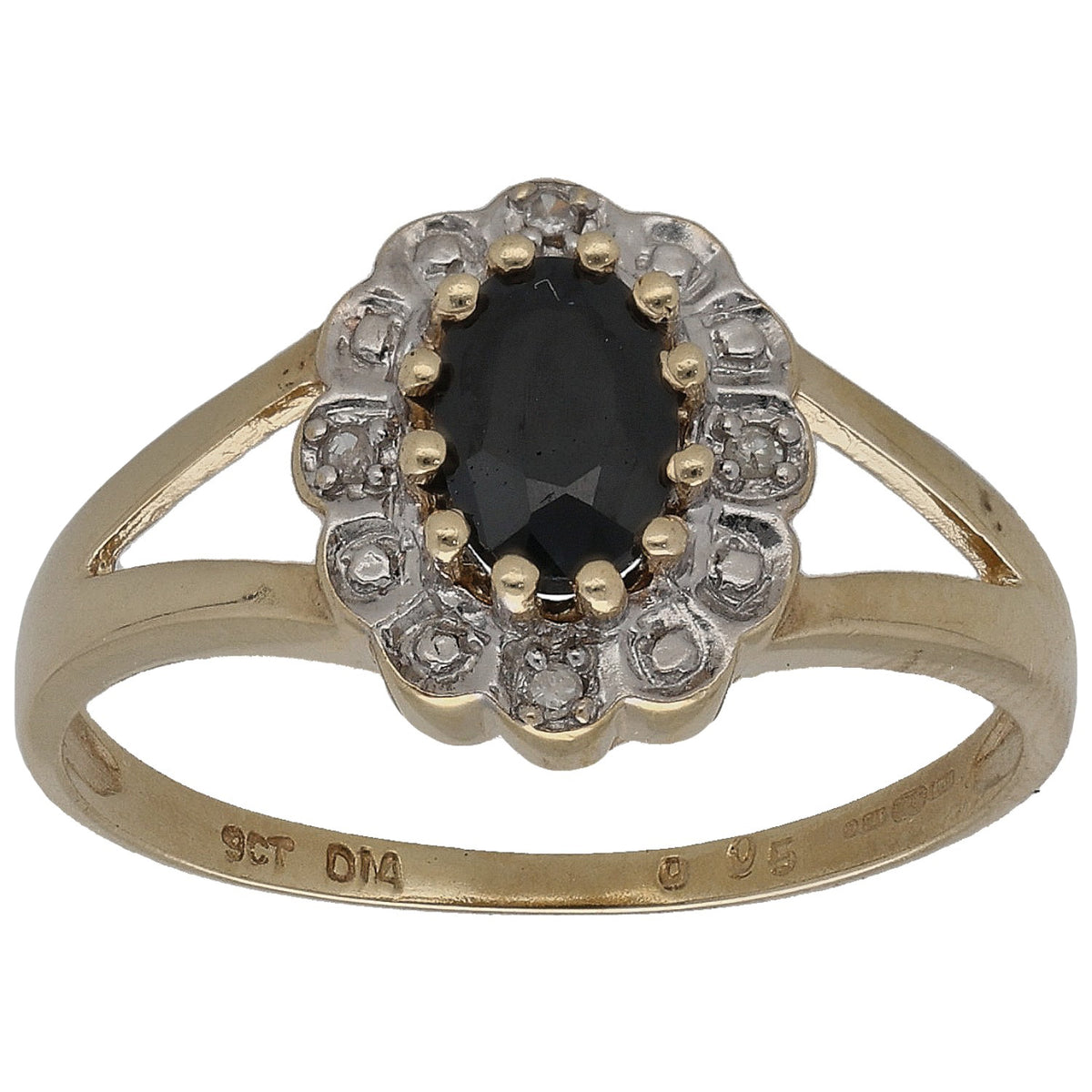 9ct gold ring with oval dark sapphire center and round diamond halo, size K band