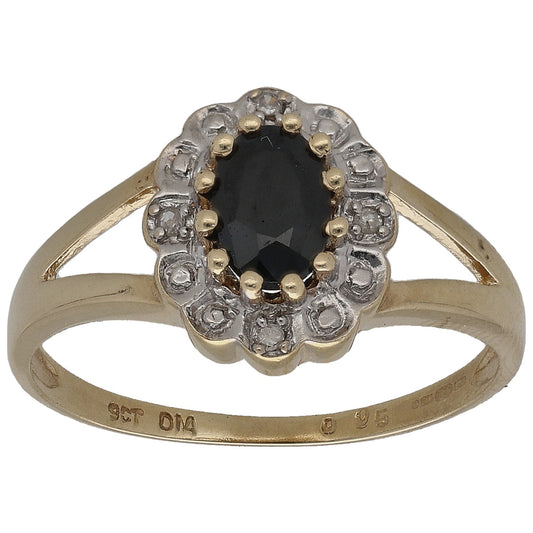 9ct gold ring with oval dark sapphire center and round diamond halo, size K band