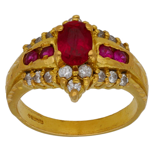 22ct Gold Man Made Ruby & Cubic Zirconia Cluster Ring Size N