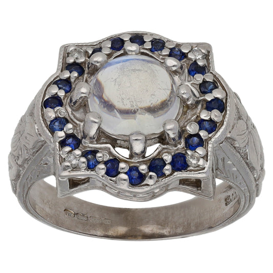 14ct White Gold Moonstone & Sapphire Dress/Cocktail Ring Size P