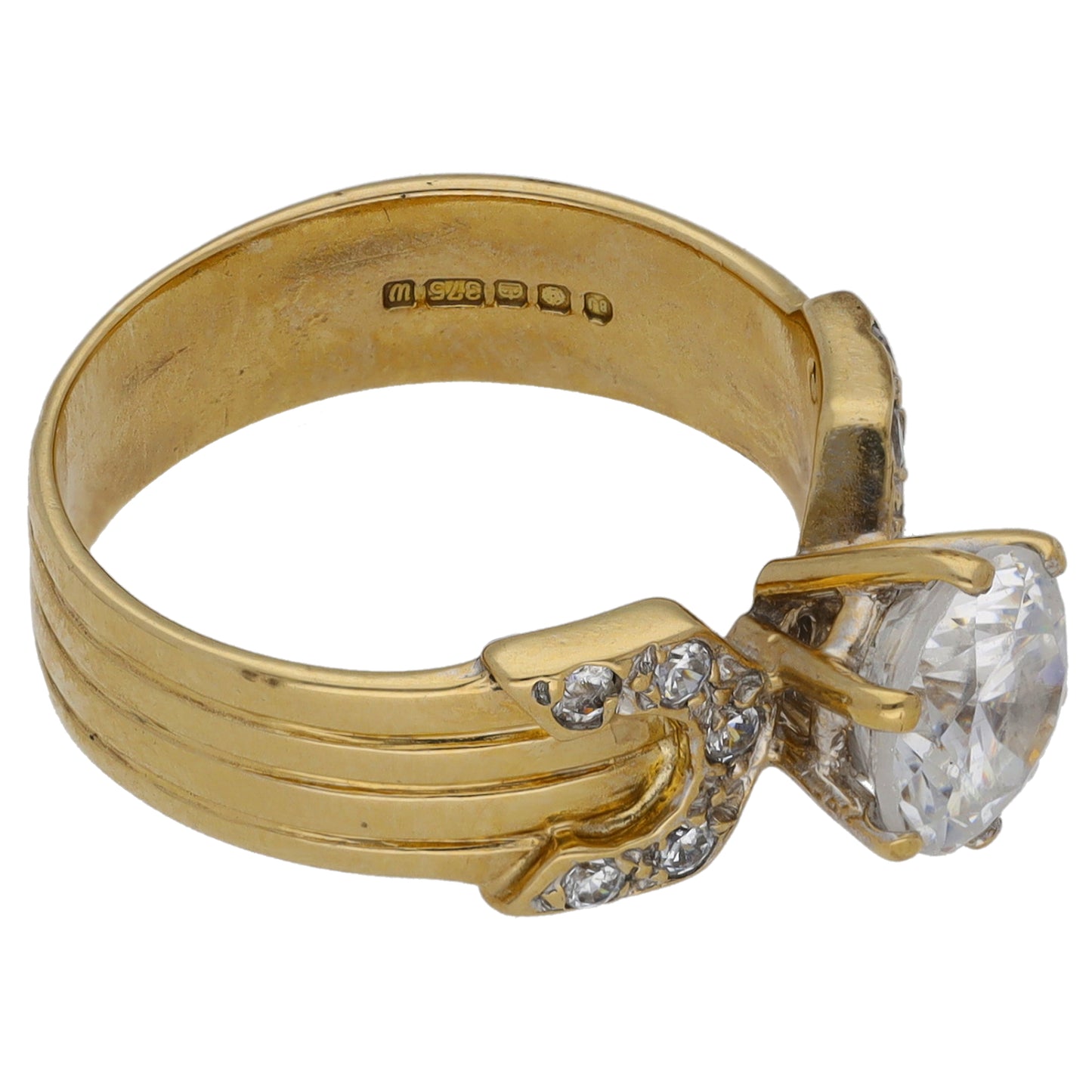 9ct Gold Cubic Zirconia Single Stone Ring with Accent Stones Size K