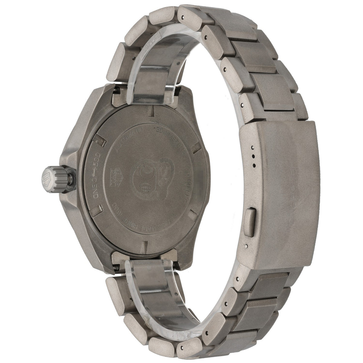 Tag Heuer Aquaracer WAY208F Titanium diver watch case back with metal link bracelet, crown visible on left