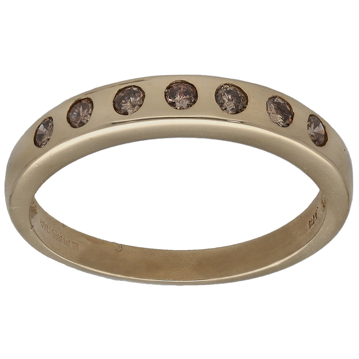 9ct gold half eternity ring with round dark diamonds across the top band