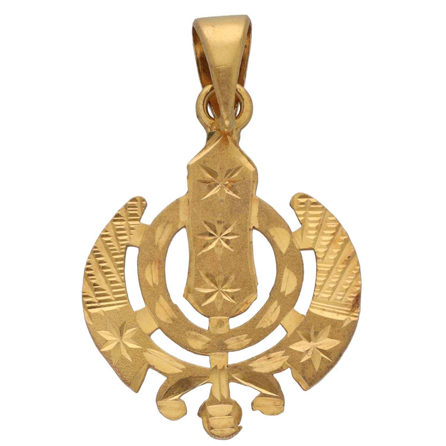 Gold-tone drop pendant with ornate cutout floral design and loop bail