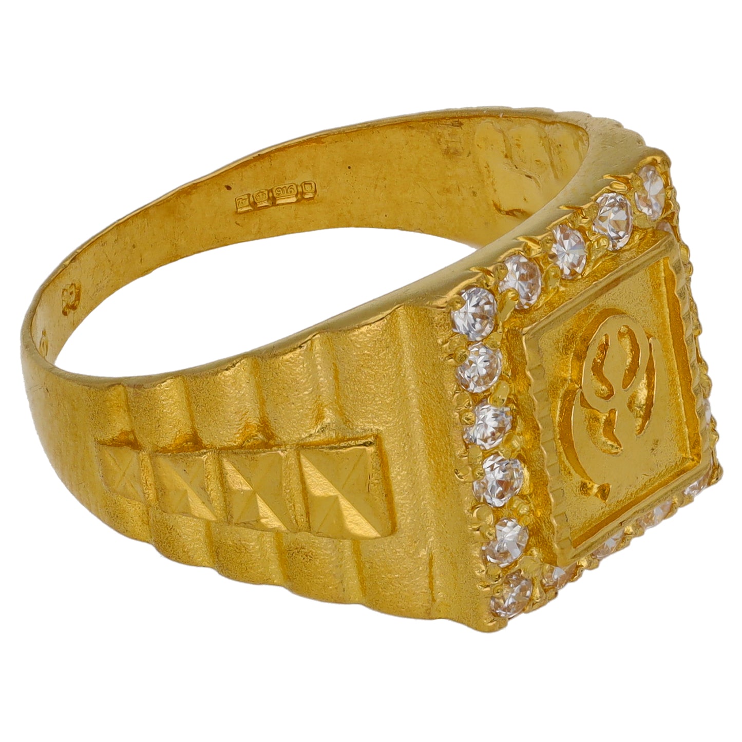 22ct Gold Cubic Zirconia Patterned Signet Ring Size S