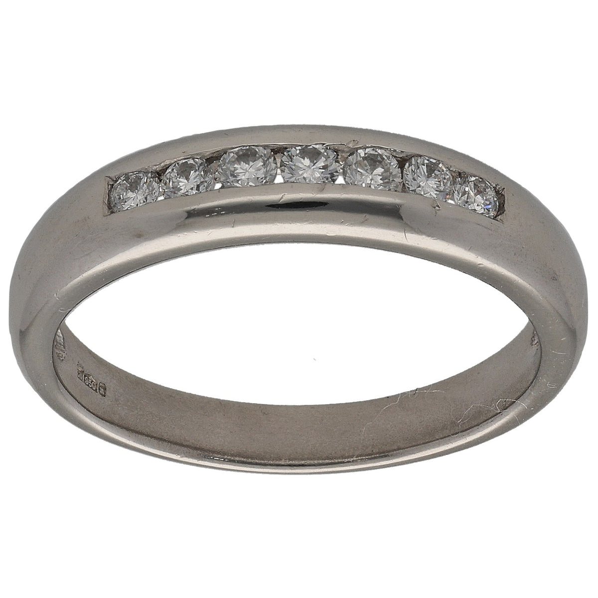 Platinum half-eternity ring with round-cut diamonds across the top band