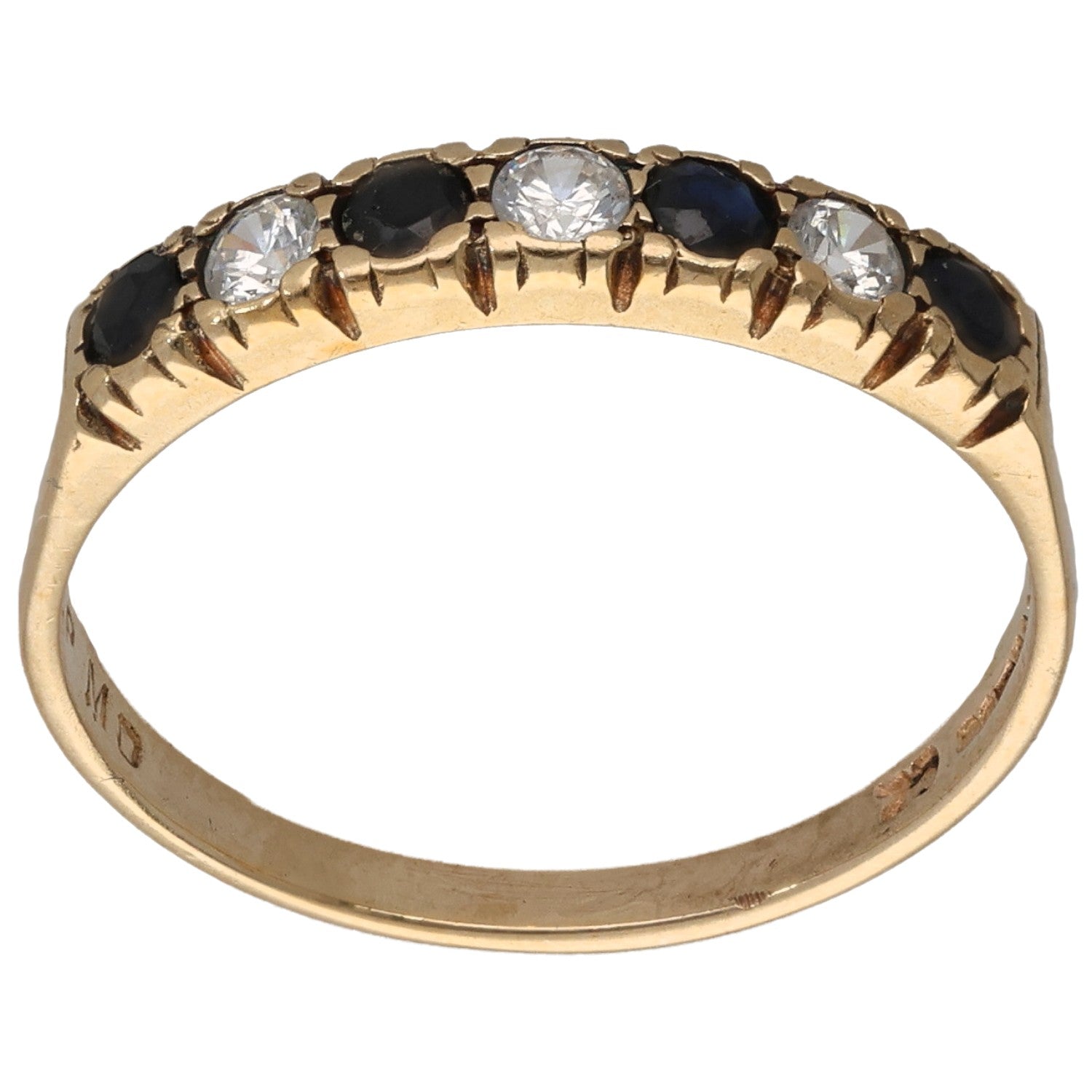 9ct gold half eternity ring with blue and clear stones in a channel setting