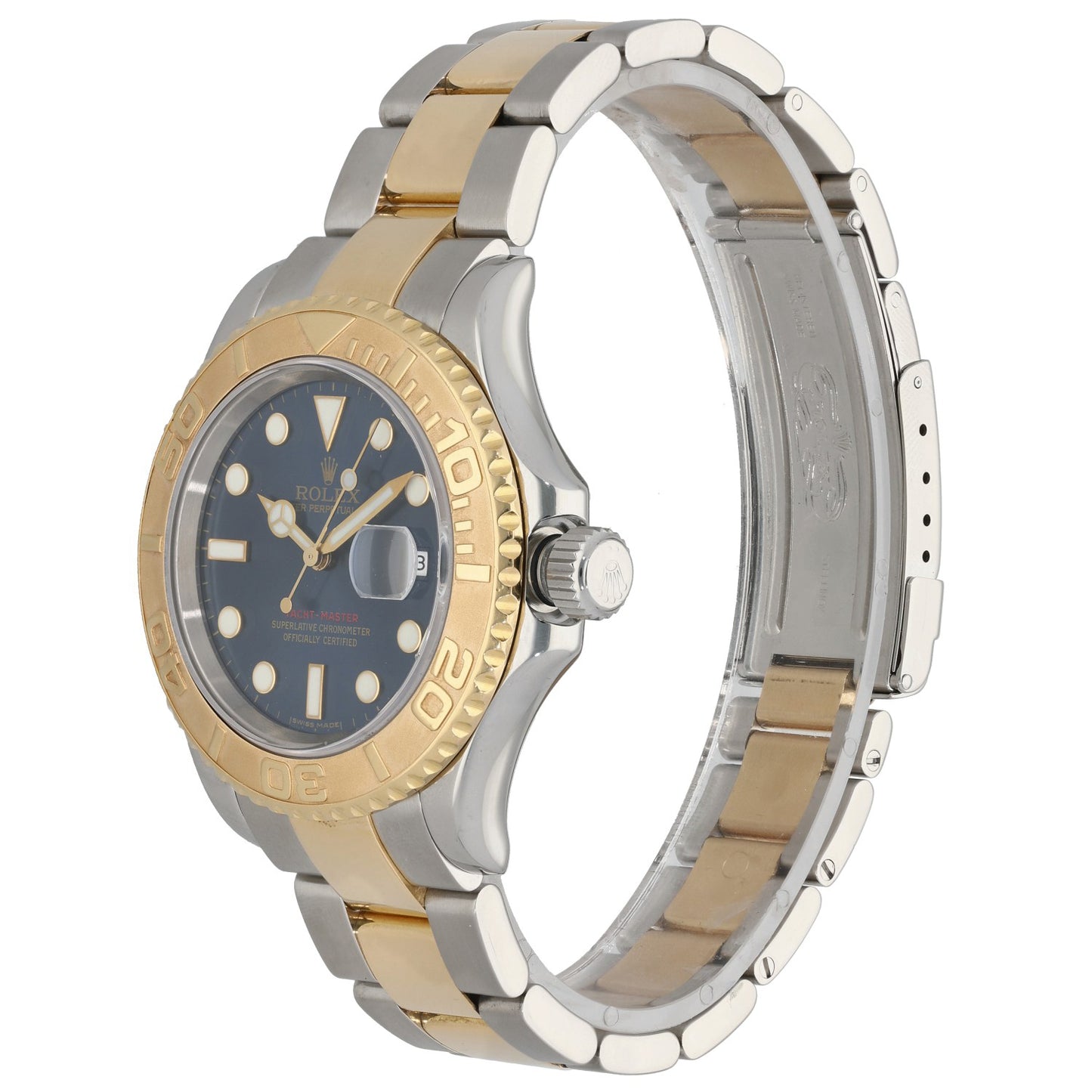 Bi-color Rolex Yacht Master 16623 watch viewed from side, blue dial with gold bezel and link bracelet