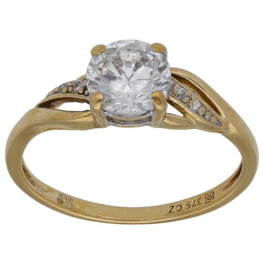 9ct Gold Cubic Zirconia Single Stone Ring with Accent Stones Size P