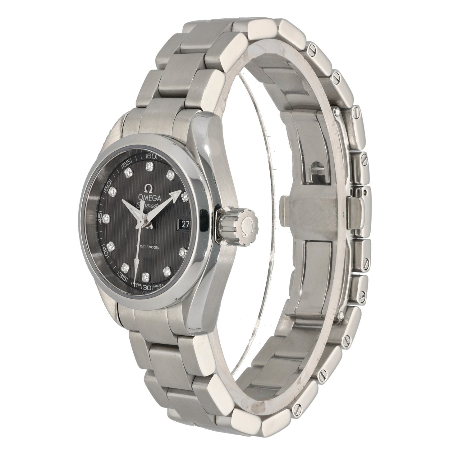 Omega Seamaster Aqua Terra 231.10.30.60.56.001, black dial with diamond hour markers, front angled image