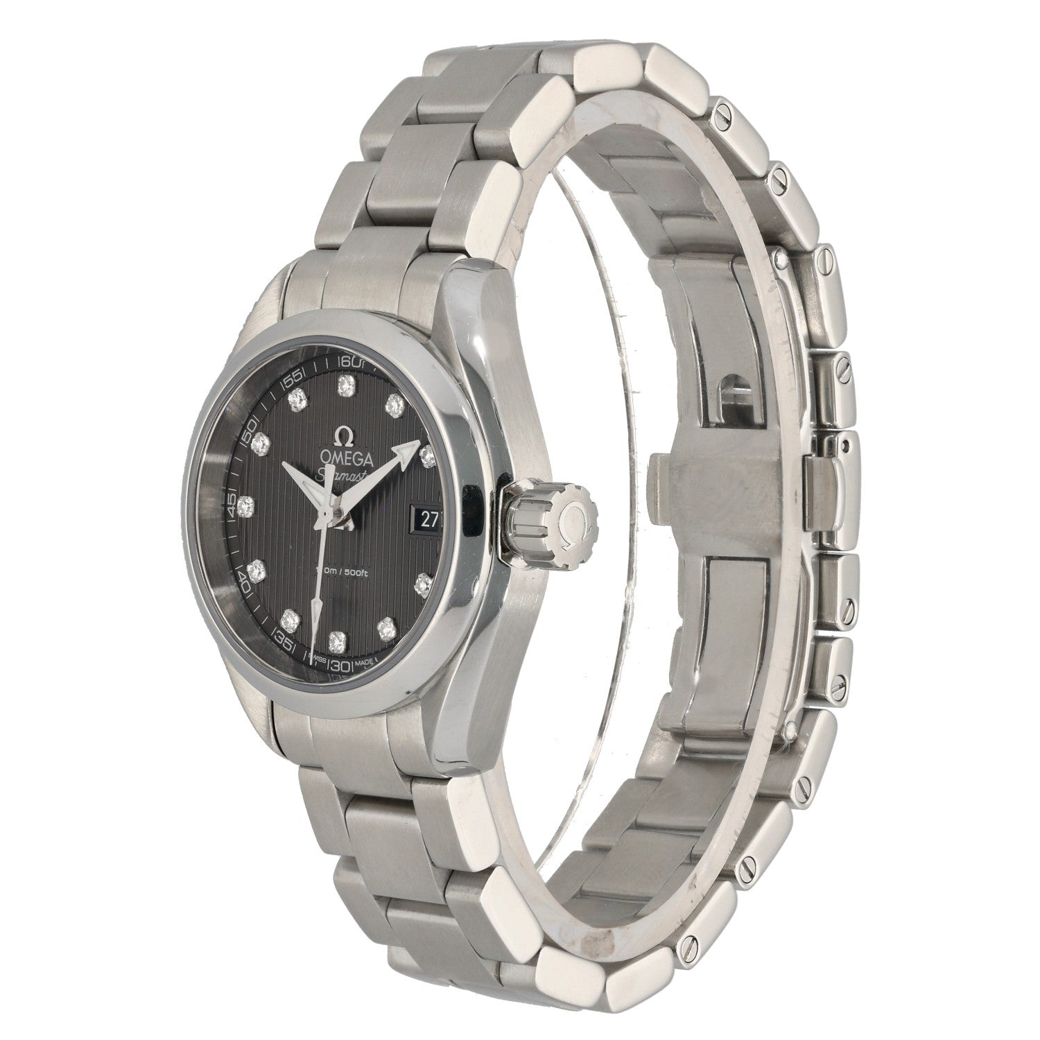 Omega Seamaster Aqua Terra 231.10.30.60.56.001, black dial with diamond hour markers, front angled image
