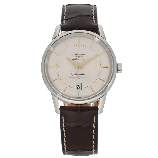 Longines Flagship L4.795.4, cream dial, stainless steel case, brown leather bracelet