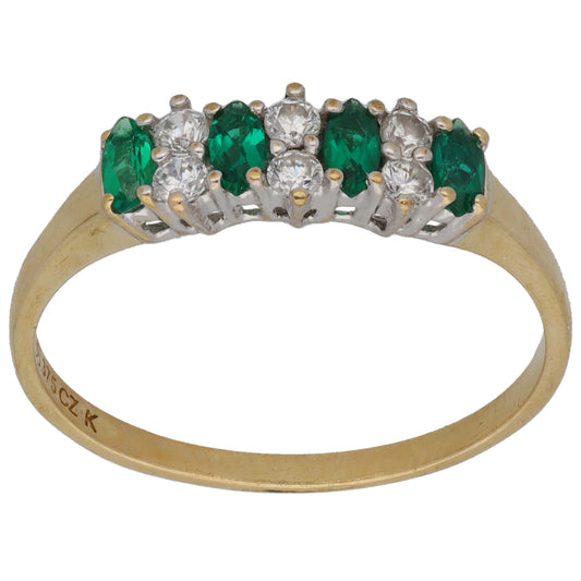9ct Gold Man Made Emerald & Cubic Zirconia Half Eternity Ring Size Q