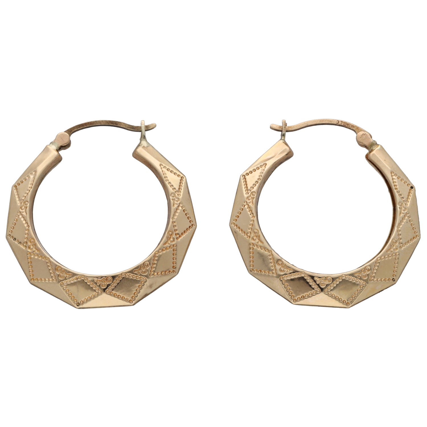 9ct gold creole hoop earrings with engraved filigree border detail