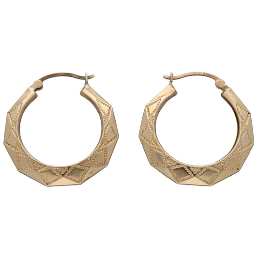 9ct gold creole hoop earrings with engraved filigree border detail