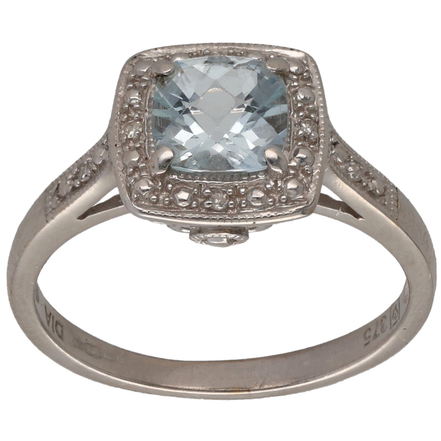 White gold aquamarine cocktail ring with halo of small round diamonds, size M