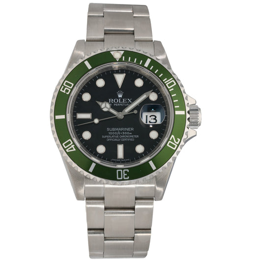 Stainless steel Rolex Submariner diver watch, black dial with green bezel and metal bracelet