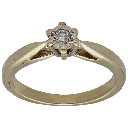 9ct gold solitaire ring with round diamond center in four-claw setting