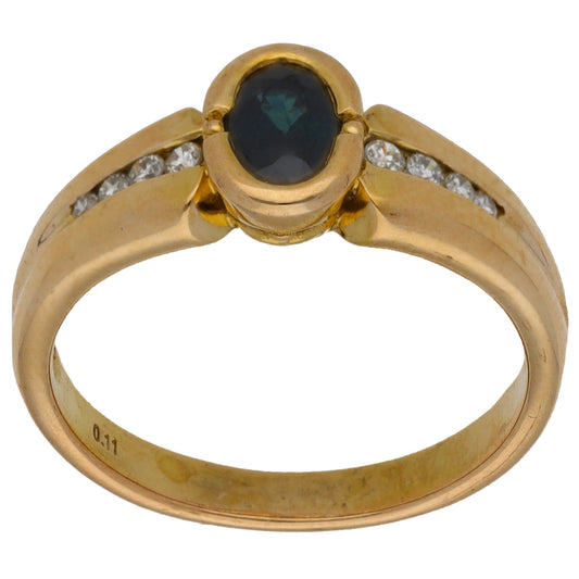 9ct Gold Sapphire & 0.10ct Diamond Single Stone Ring with Accent Stones Size O