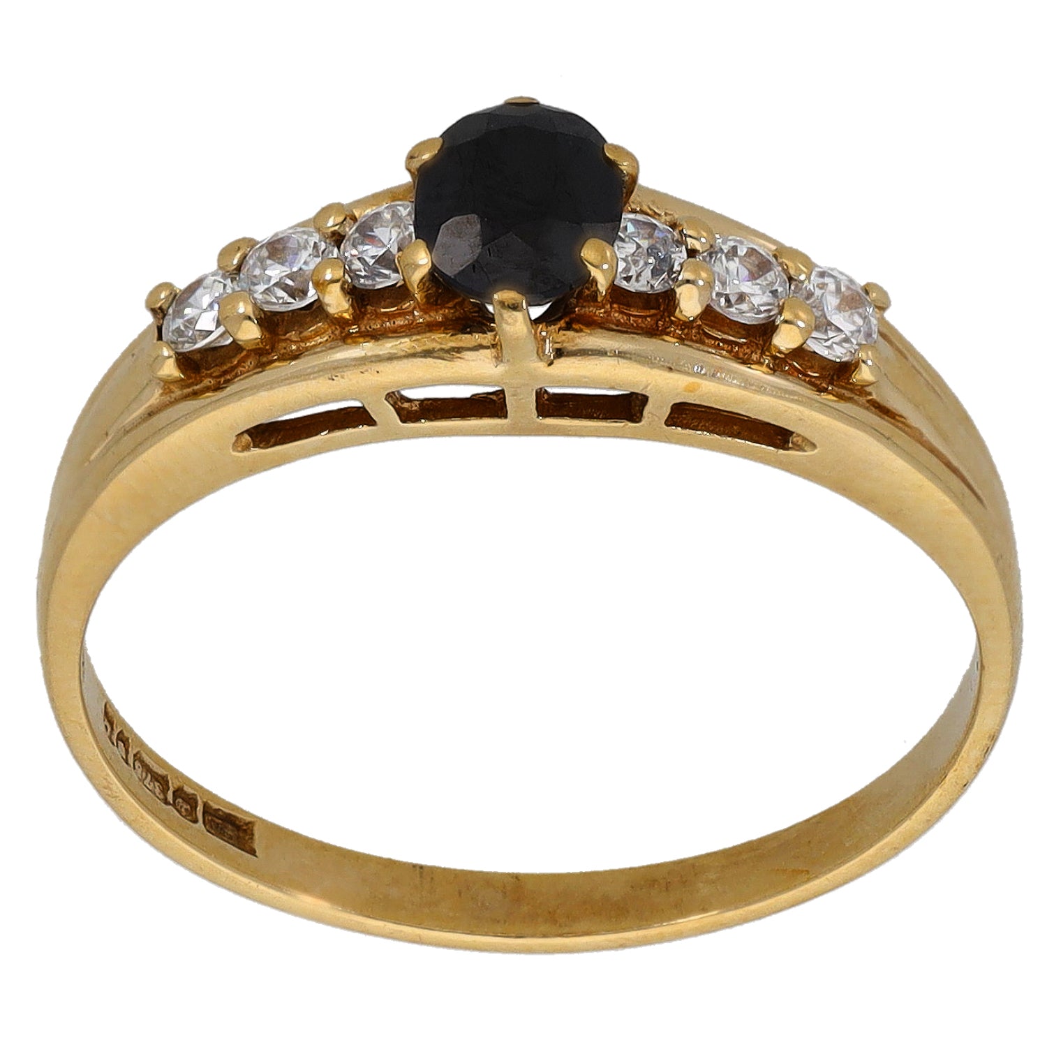 Gold-tone ring with large oval black center stone and clear round side stones
