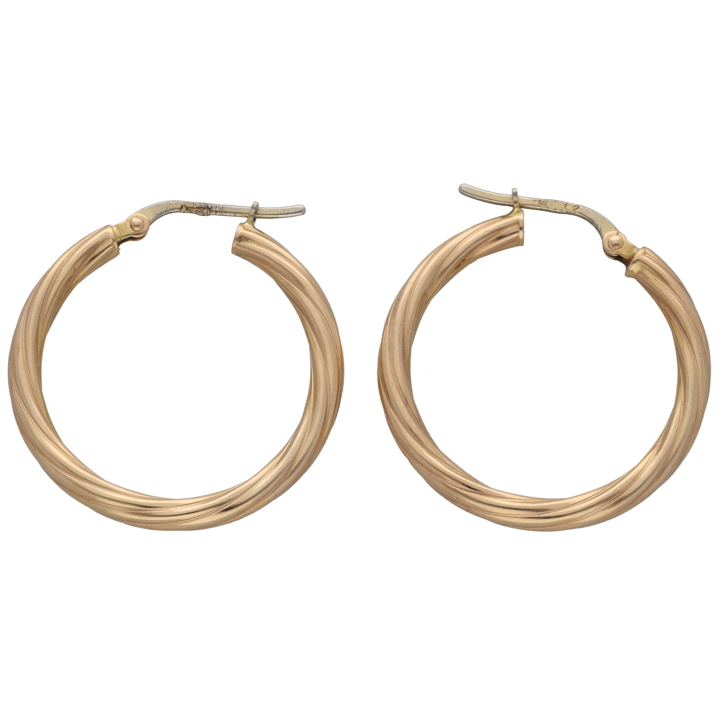 9ct gold hoop earrings, smooth twisted hoops with hinged clasp