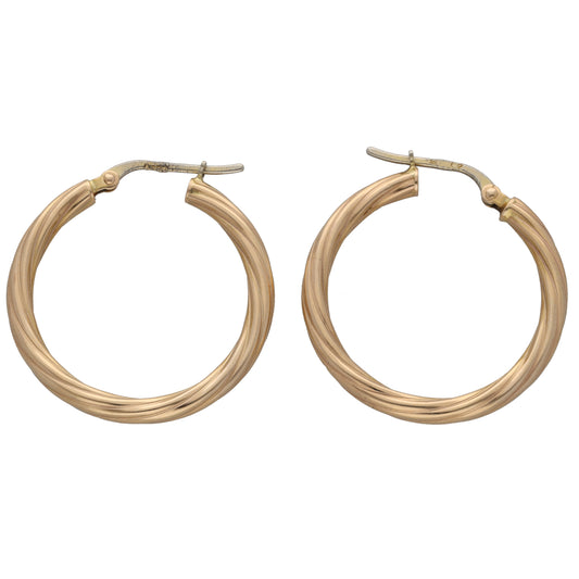 9ct gold hoop earrings, smooth twisted hoops with hinged clasp