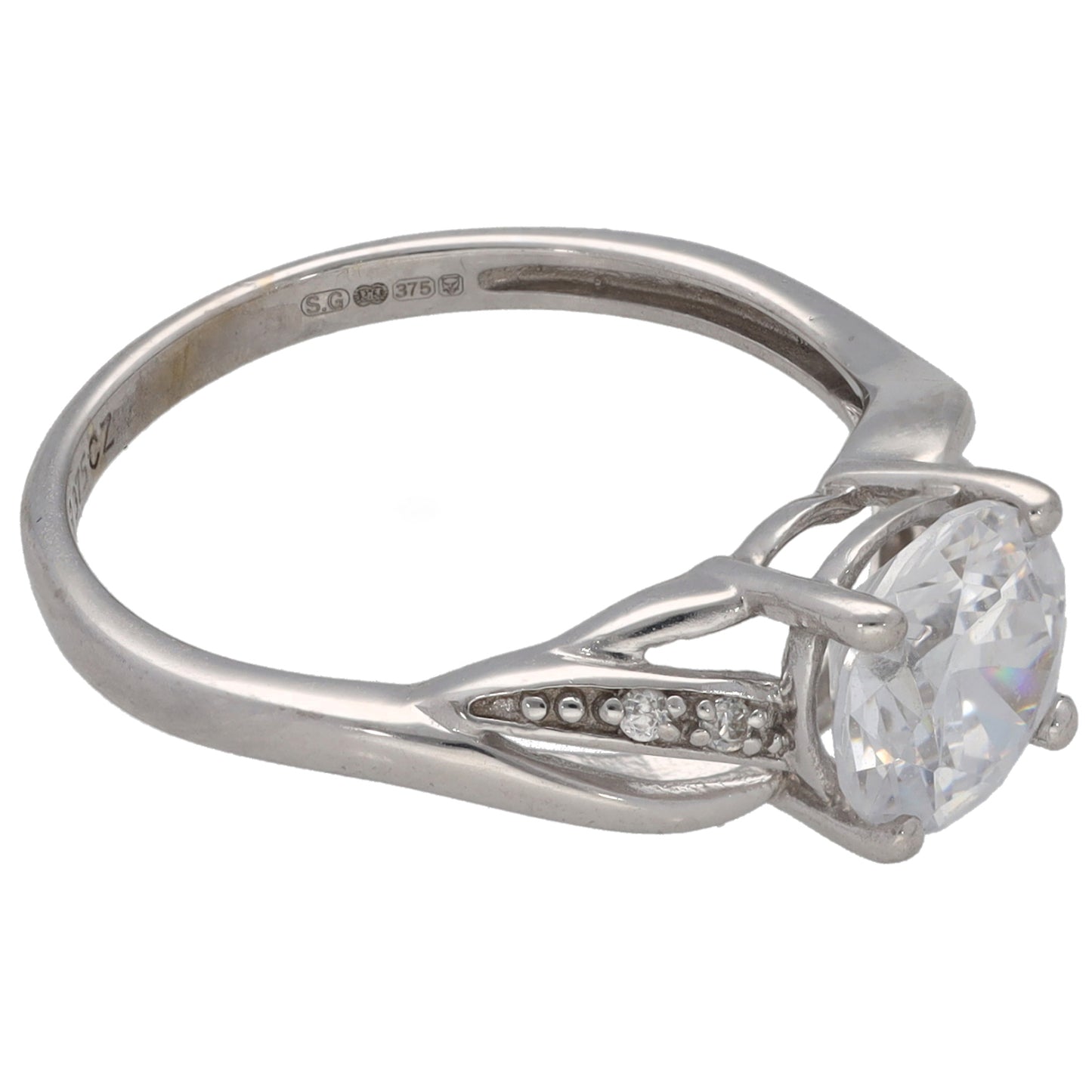 9ct White Gold Cubic Zirconia Single Stone Ring With Accents Size K