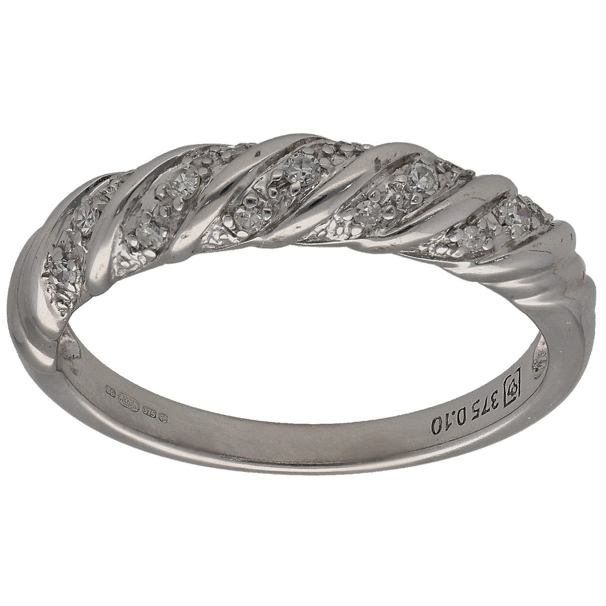 9ct white gold half eternity ring with round diamonds on raised curved band