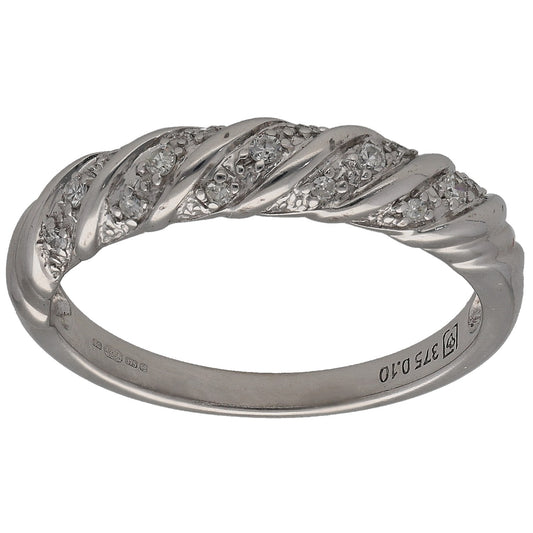 9ct white gold half eternity ring with round diamonds on raised curved band