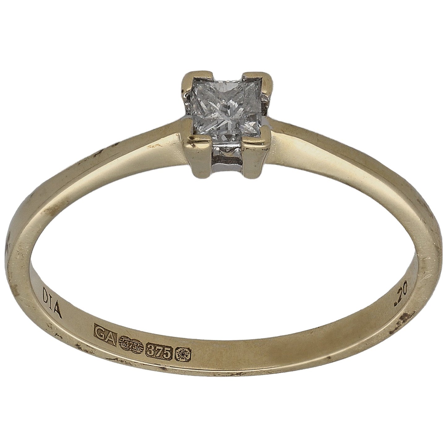 9ct gold square diamond solitaire ring, size P, square stone head