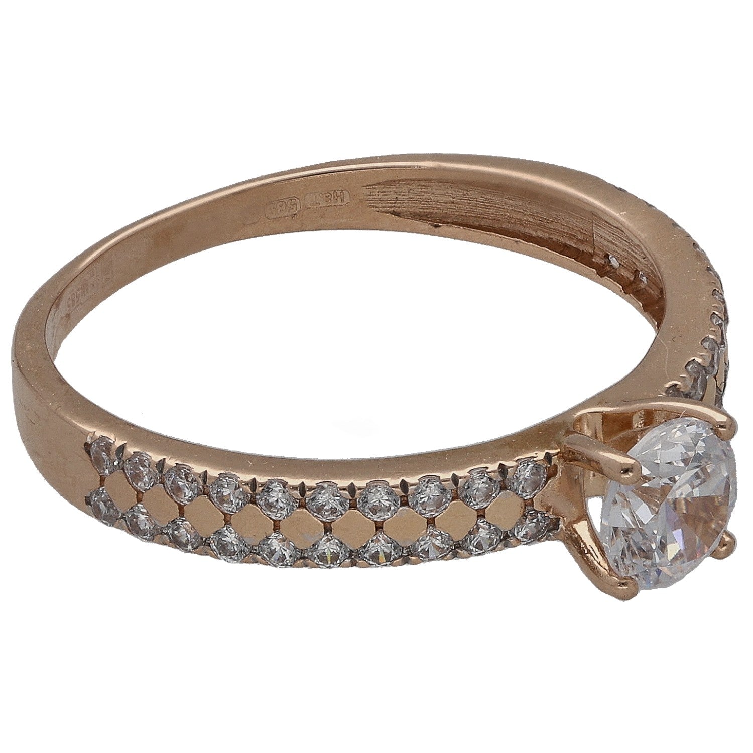 14ct rose gold ring with central CZ stone and accent stones
