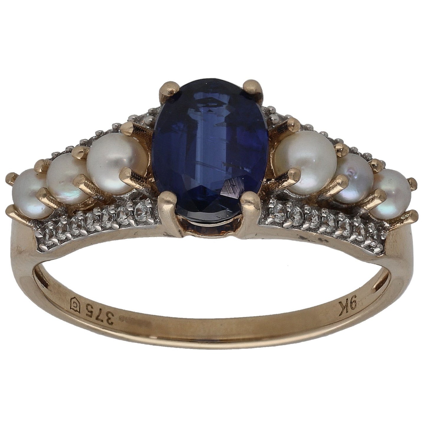 9ct Gold Kyanite, Cultured Pearl & Imitation Dress/Cocktail Ring Size S