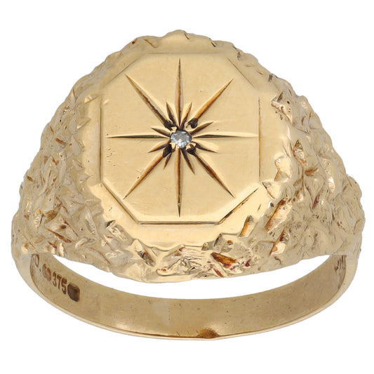 9ct Gold 0.01ct Diamond Patterned Single Stone Signet Ring Size U