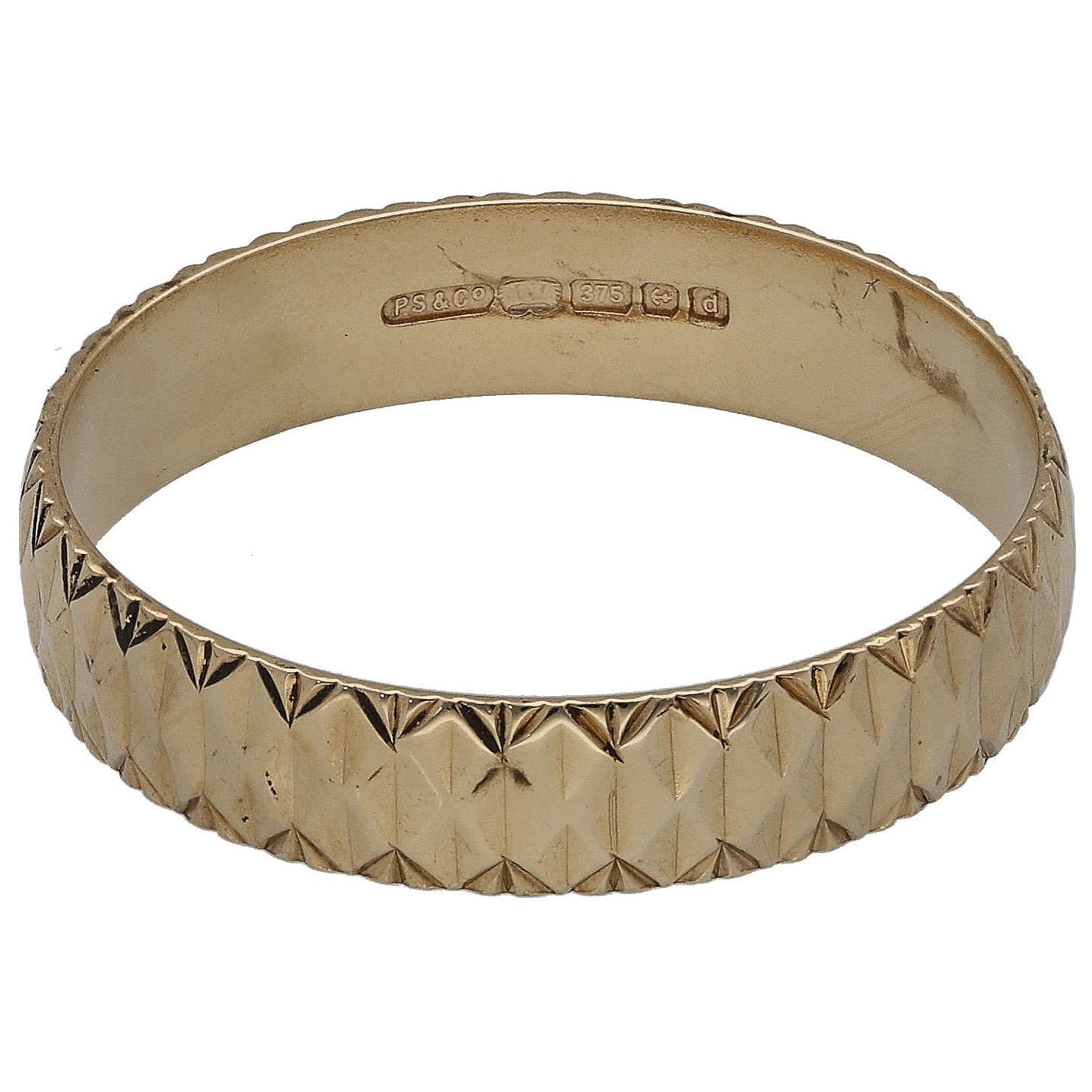 9ct gold wedding ring inside hallmark and diamond pattern around band