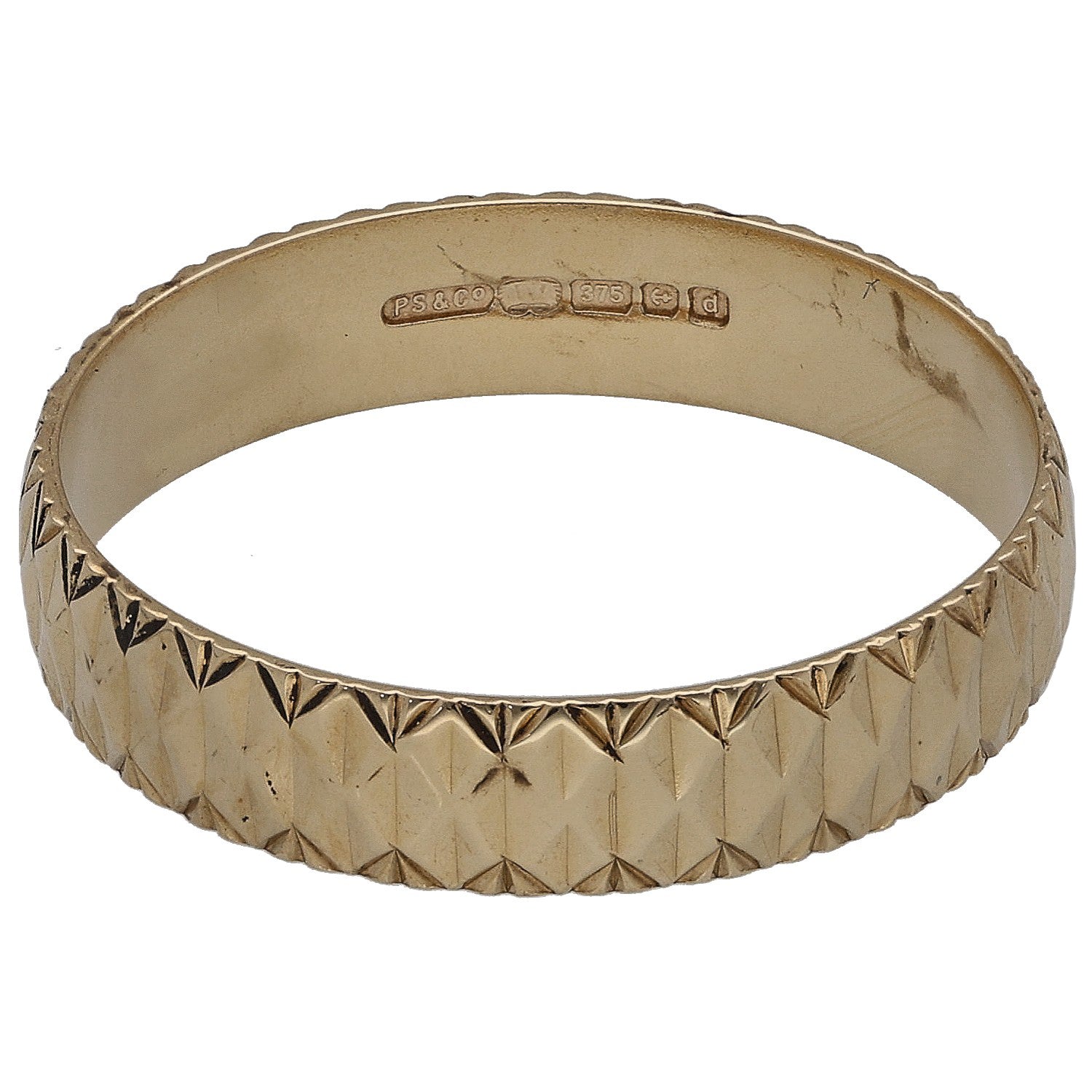 9ct gold wedding ring inside hallmark and diamond pattern around band