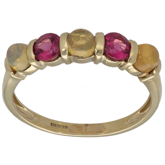 9ct Gold Opal & Tourmaline Half Eternity Ring Size Q