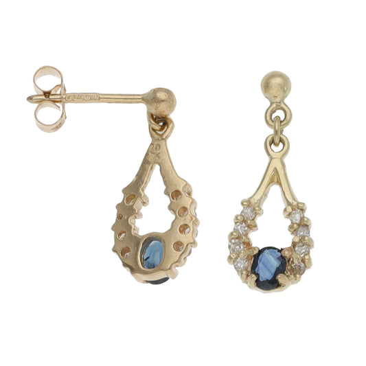 9ct Gold Sapphire & 0.16ct Diamond Drop Earrings