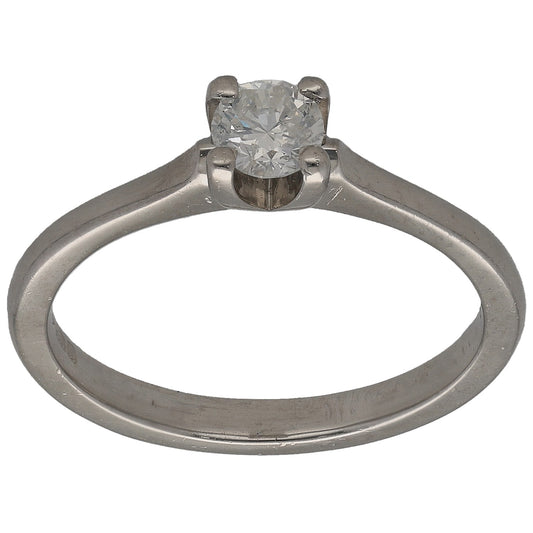 Platinum round diamond solitaire ring with four-prong setting, center stone visible