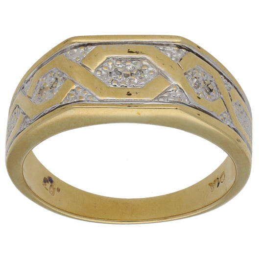 9ct Gold 0.06ct Diamond Patterned Signet Ring Size R