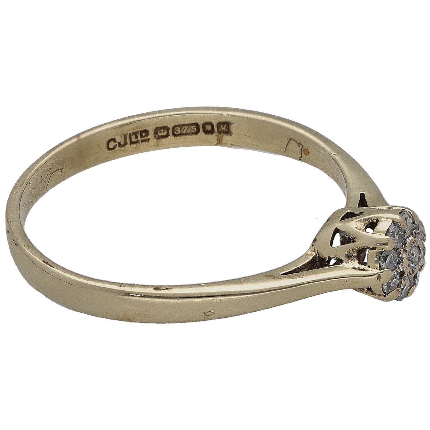 9ct gold diamond cluster ring, side view with engraved inside band and prong-set stones