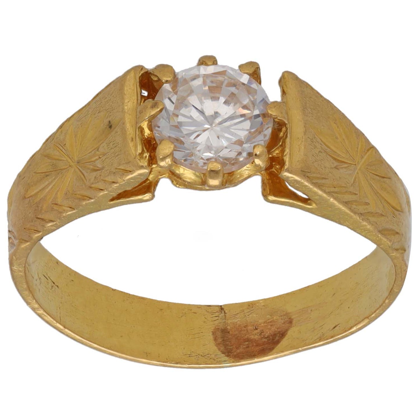 Gold tone CZ single-stone ring with round clear center stone and ornate prongs