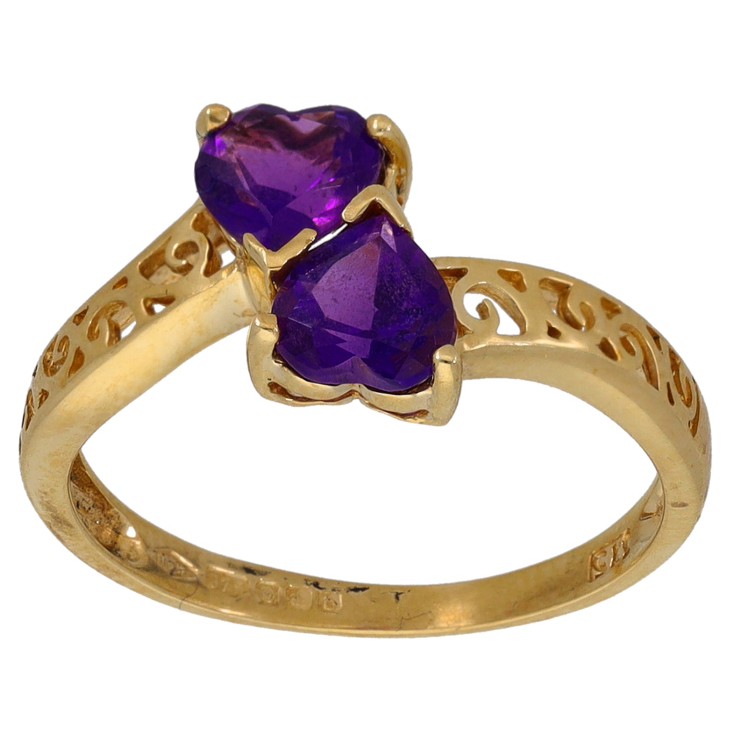 Gold ring with two amethyst stones, prong-set top and front heart-shaped