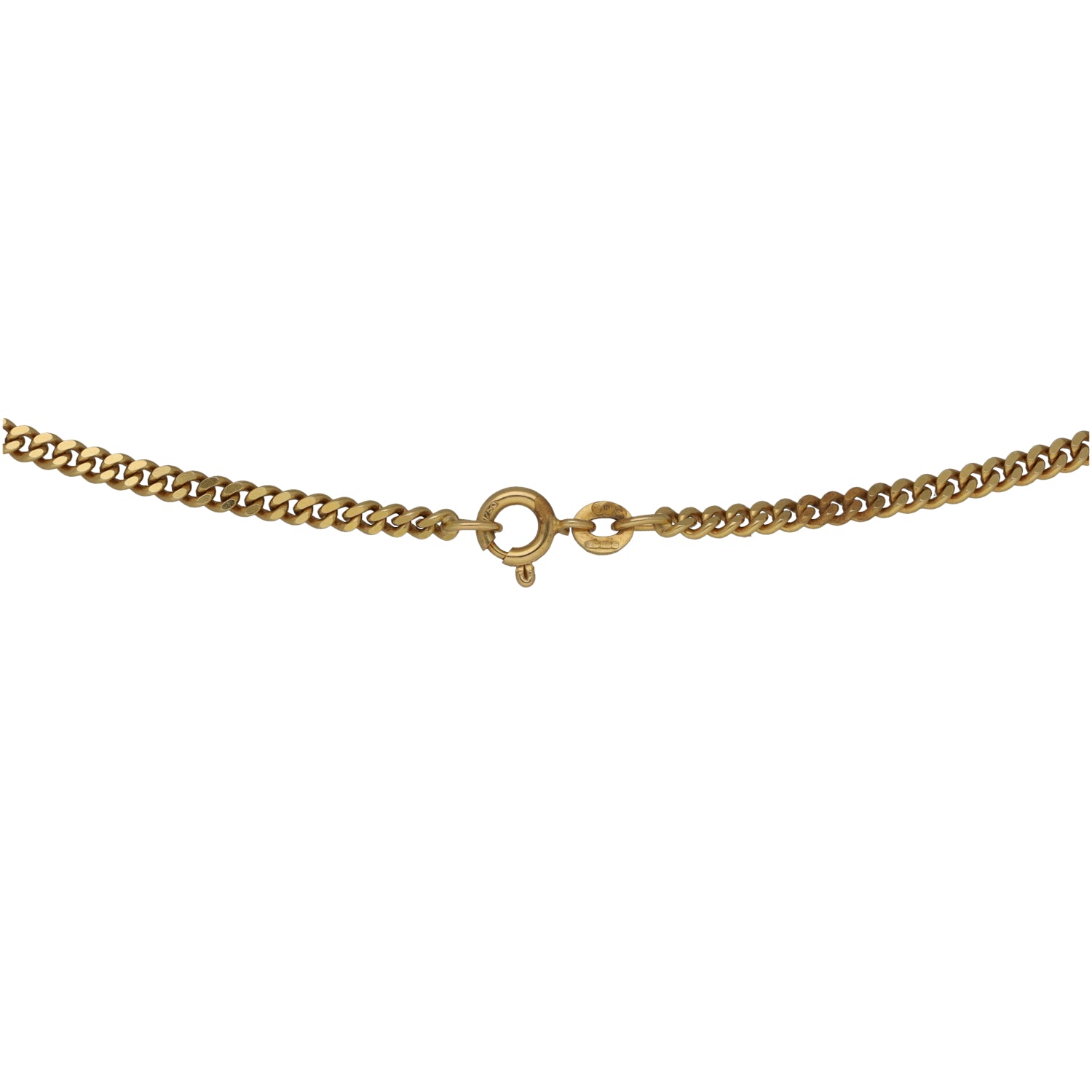 Gold curb chain necklace with round clasp and link detail, 19-inch