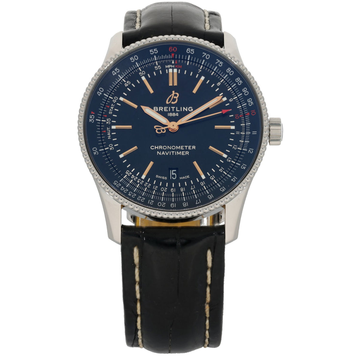 Breitling Navitimer A17326 Stainless steel watch with black Navitimer dial, leather strap and chronometer text