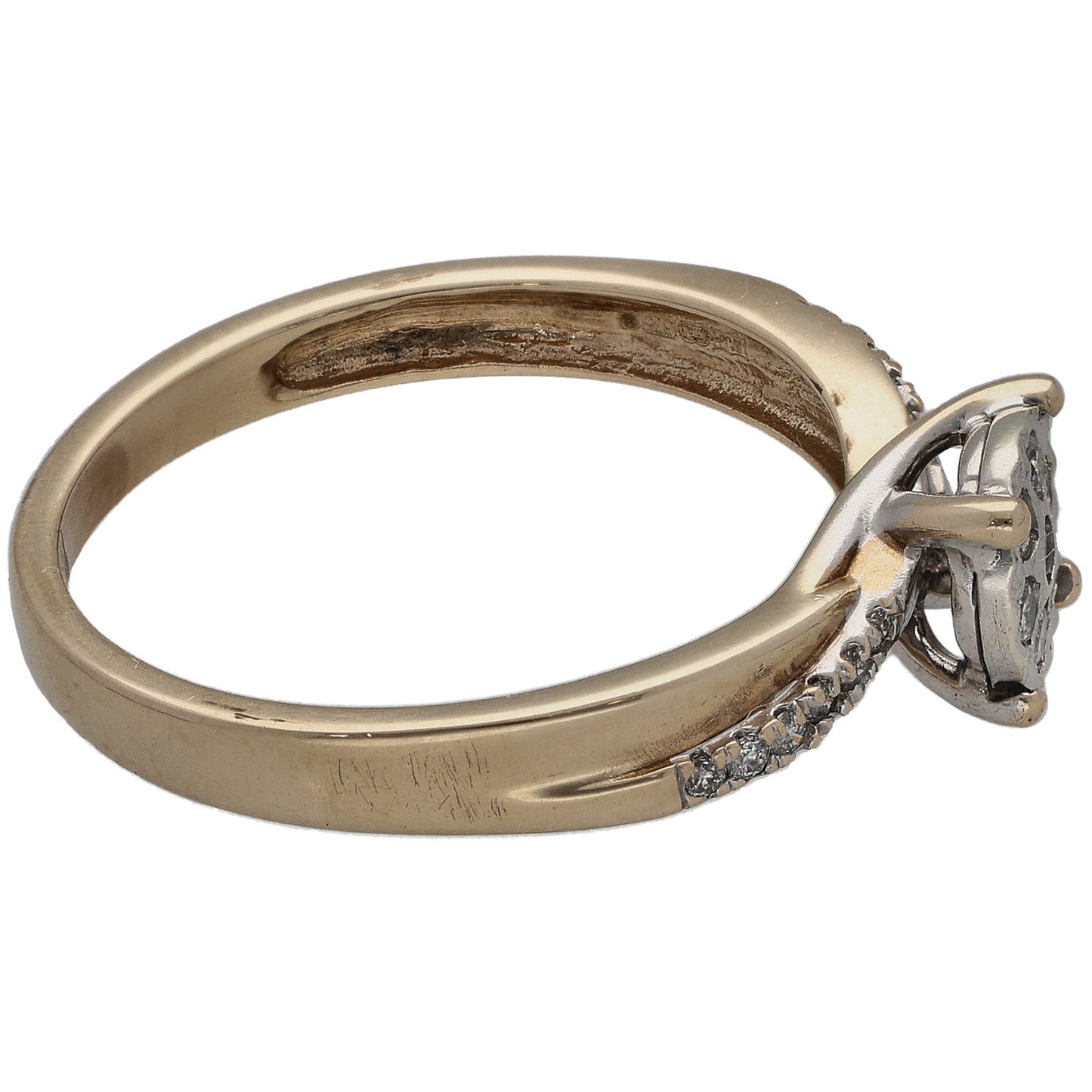 Yellow gold diamond ring side view with small round stones and prong setting