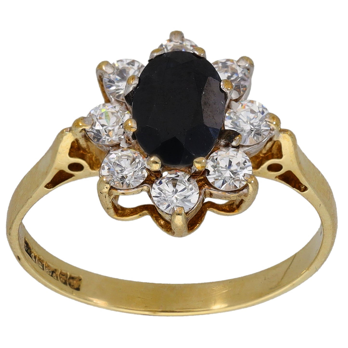 9ct gold cocktail ring with oval black stone and six clear round crystals