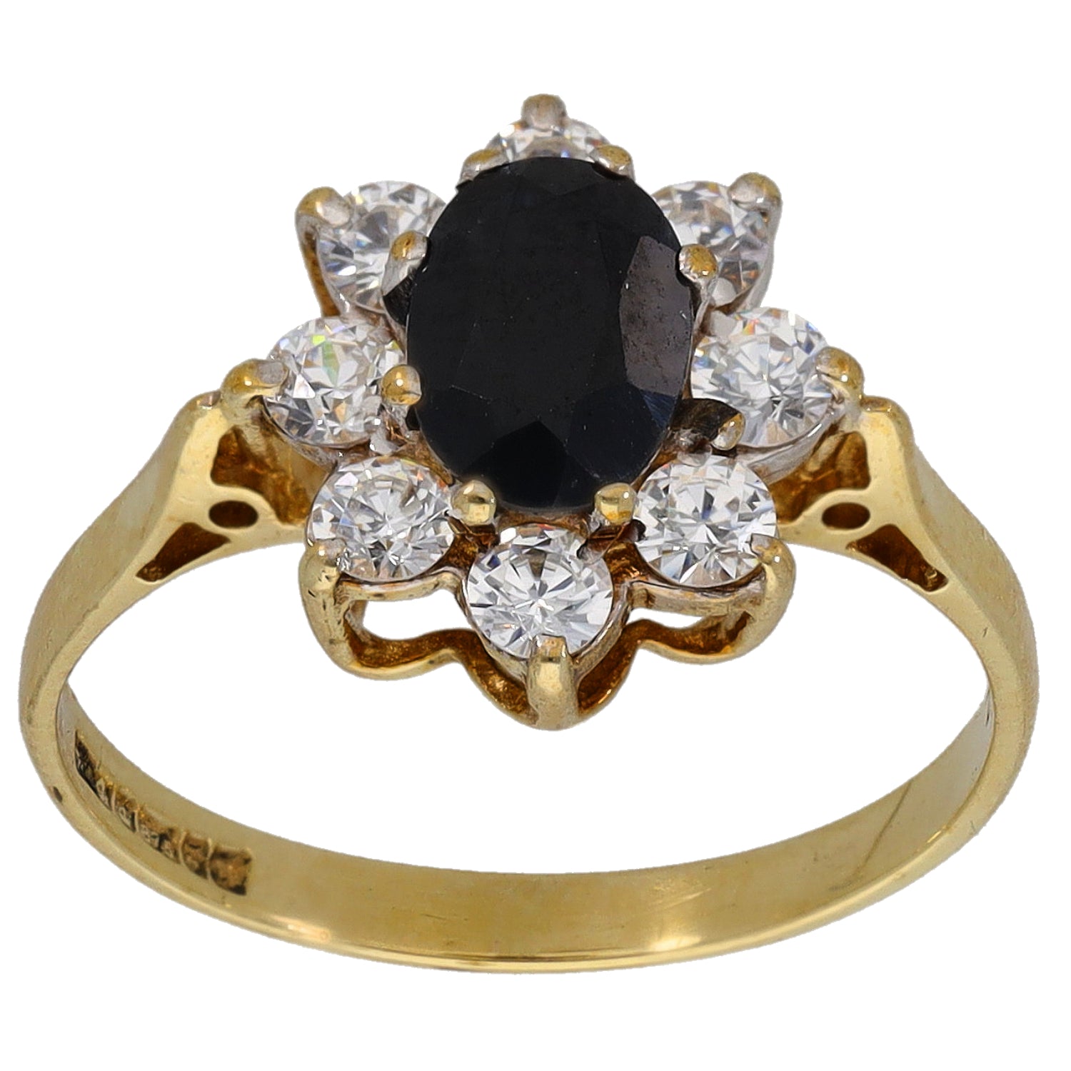 9ct gold cocktail ring with oval black stone and six clear round crystals